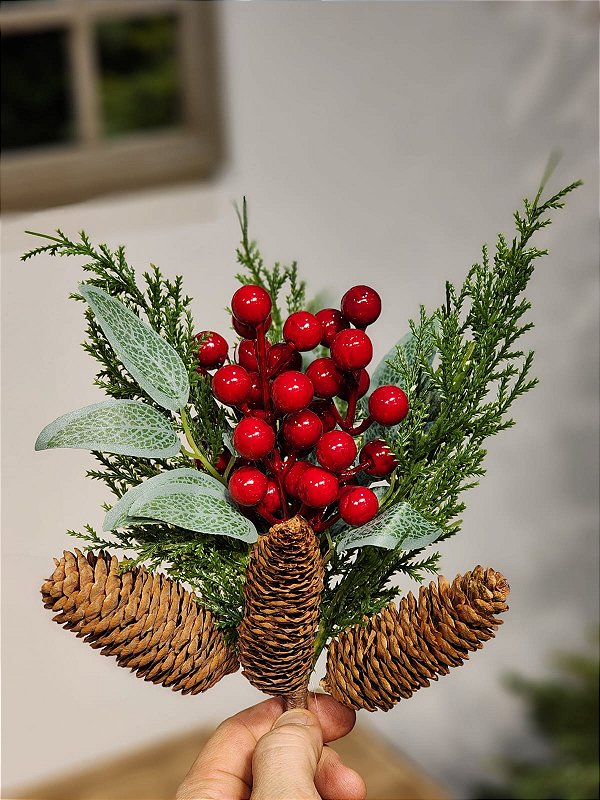 GALHO DECORATIVO BERRY COM PINHA 40CM