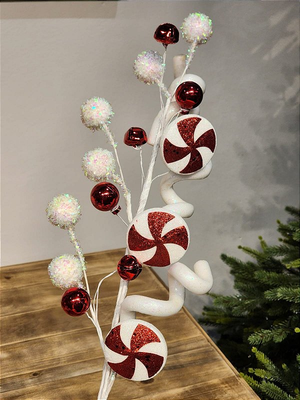 GALHO DECORATIVO CANDY CANNE VERMELHO E BRANCO 78M