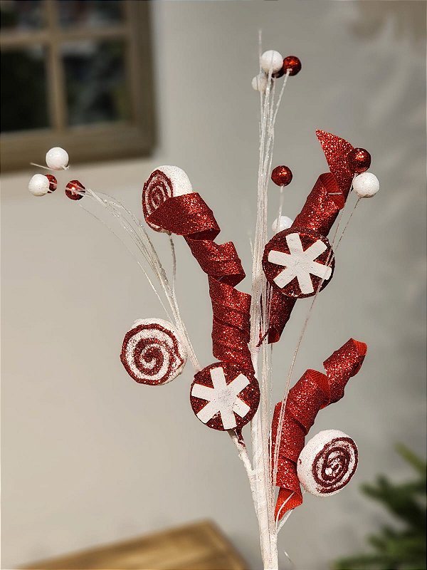 GALHO DECORATIVO CANDY VERMELHO E BRANCO 45CM