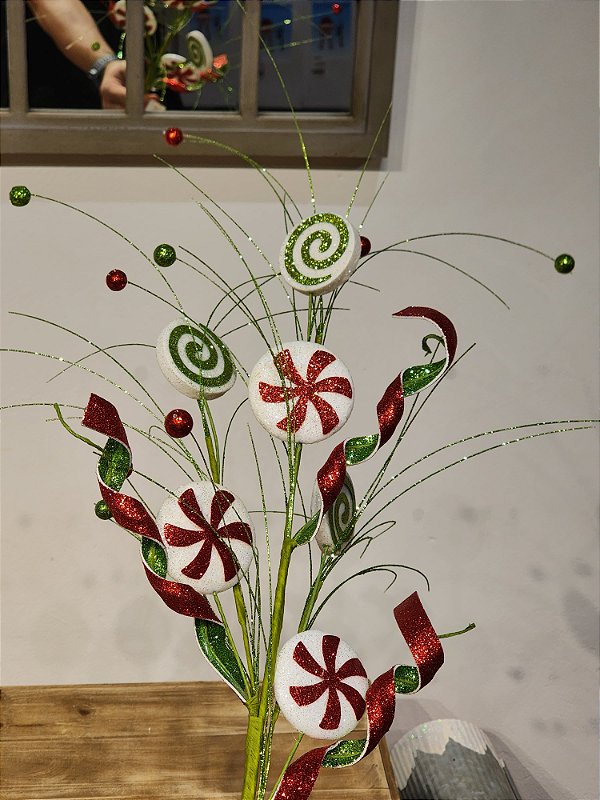 GALHO DECORATIVO CANDY VERDE E VERMELHO 76CM