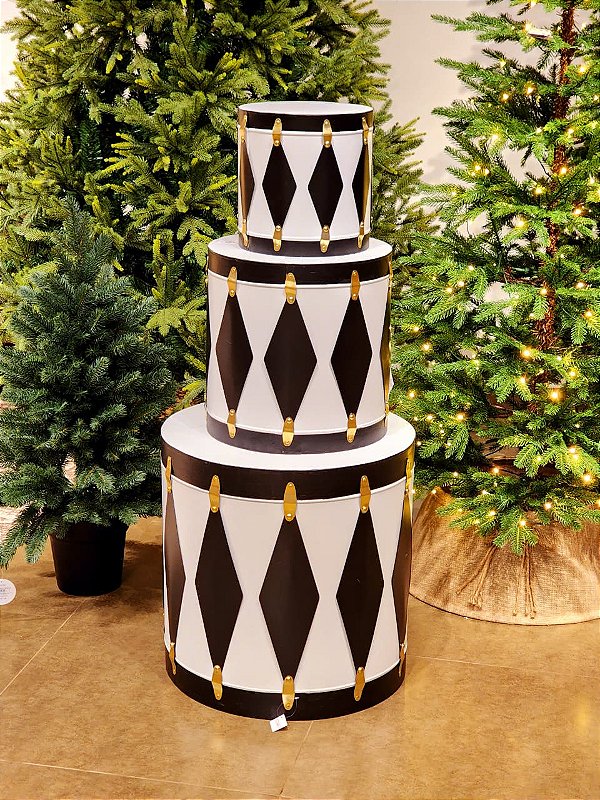 TRIO DE TAMBOR DECORATIVO EM METAL BRANCO E PRETO