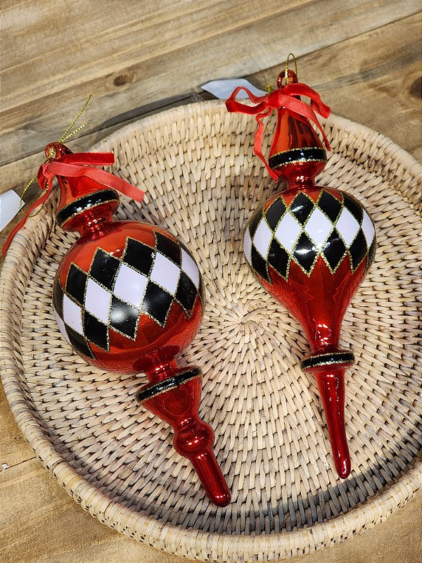 PENDENTE ORNAMENTOS LUXURY EM VIDRO VERMELHO, PRETO E BRANCO C/ 2 UNIDS 22CM