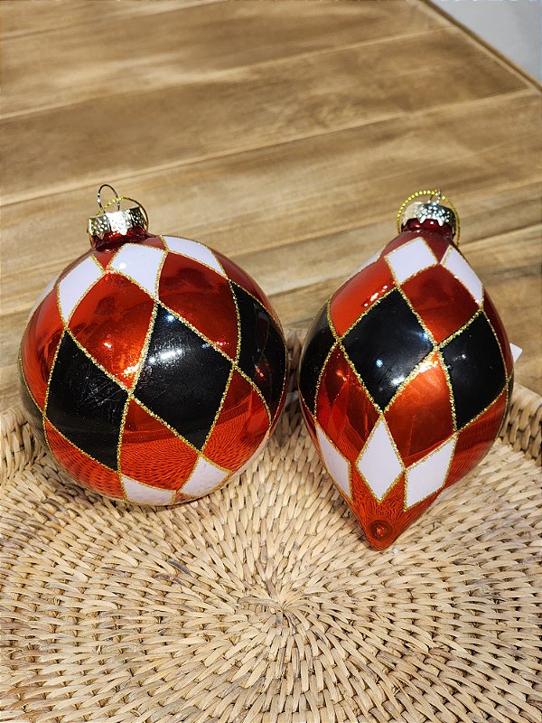 PENDENTE ORNAMENTOS LUXURY EM VIDRO VERMELHO, PRETO E BRANCO C/ 2 UNIDS 1CM