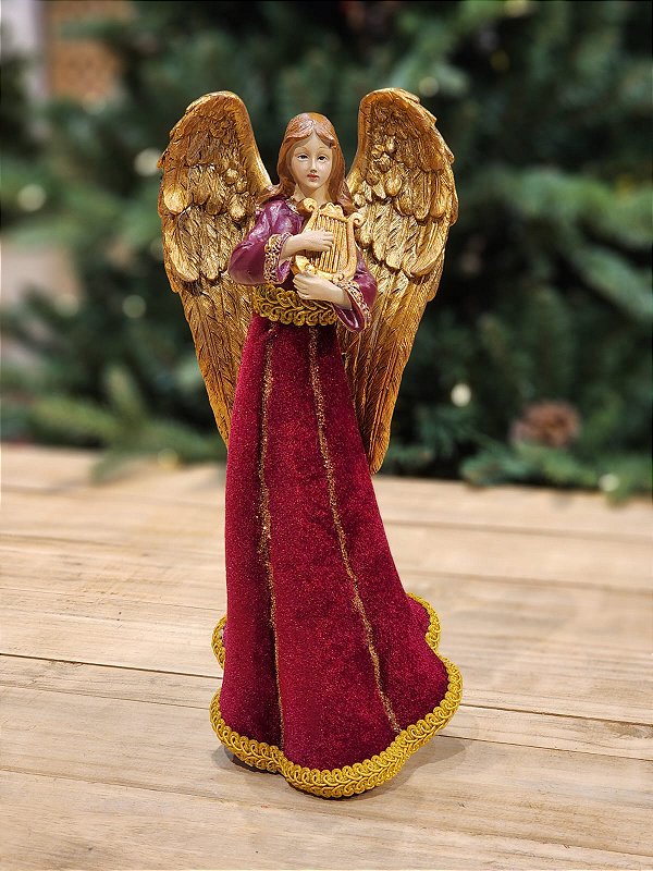 ANJO BARROCO EM RESINA COM HARPA E VELUDO 33CM