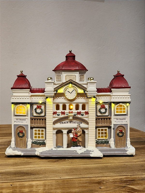 CASA NATALINA ESTAÇÃO DE TREM MUSICAL COM LUZ EM RESINA 31CM