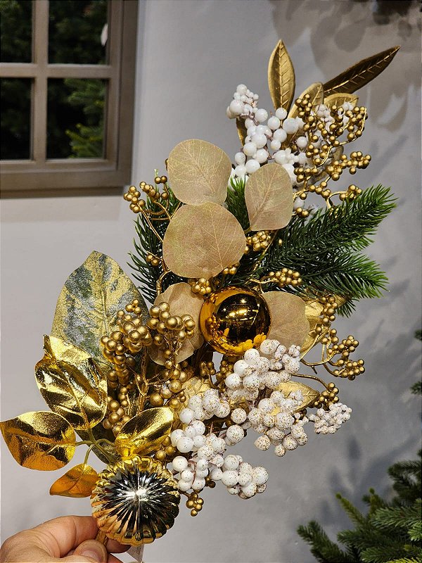 GALHO DECORATIVO BERRY COM BOLAS DOURADO 66CM