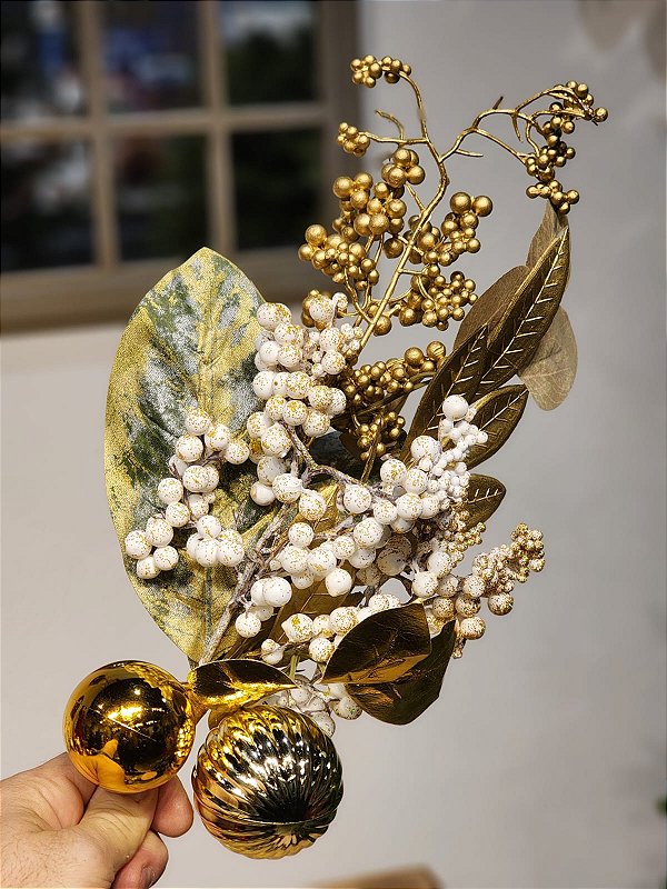 GALHO DECORATIVO BERRY E FOLHAS BRANCO E DOURADO 45CM