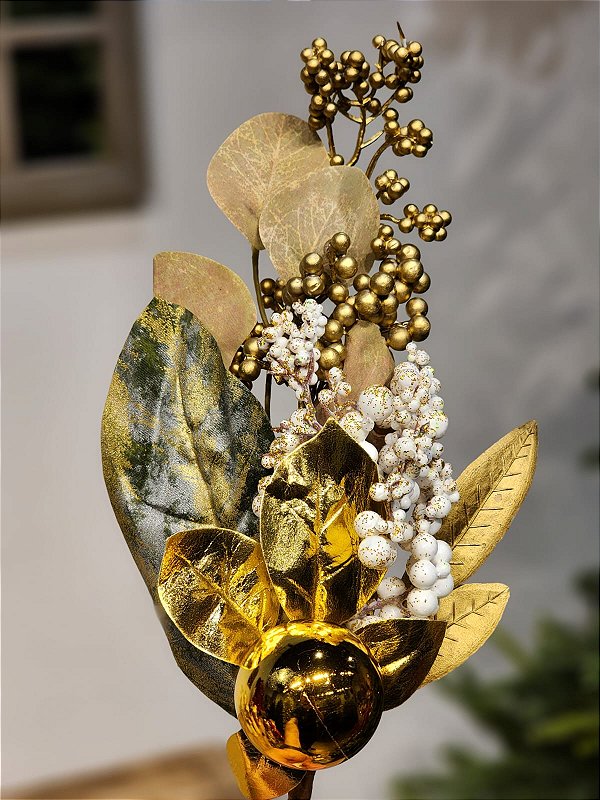 GALHO DECORATIVO BERRY E FOLHAS BRANCO E DOURADO 35CM