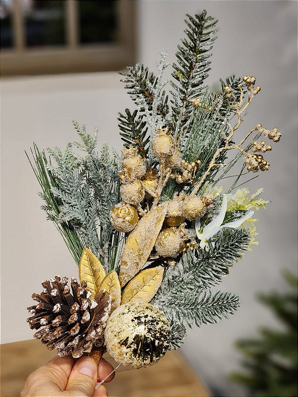 GALHO DECORATIVO BERRY NEVADO DOURADO COM FOLHAGENS 55CM