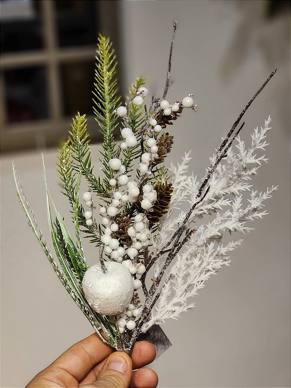 GALHO DECORATIVO BERRY BRANCO COM FOLHAS 44CM