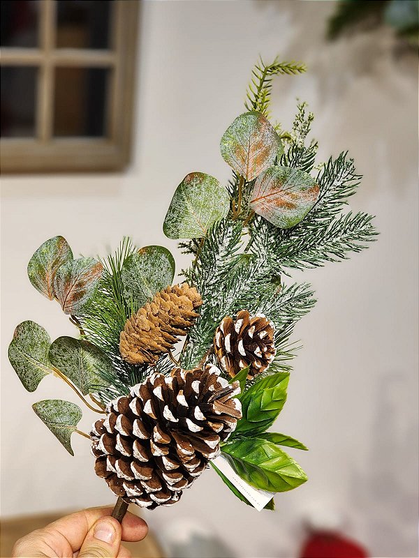 GALHO DECORATIVO PERMANENTE PINHA COM GALHOS 63CM