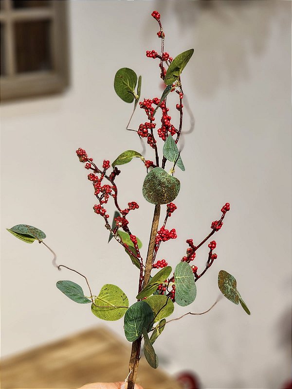 GALHO DECORATIVO MICRO BERRY VERMELHO COM FOLHAS 60CM