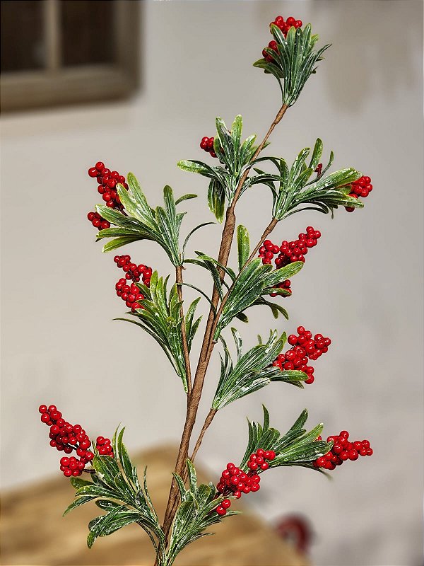 GALHO DECORATIVO BERRY VERMELHO COM FOLHAS 80CM