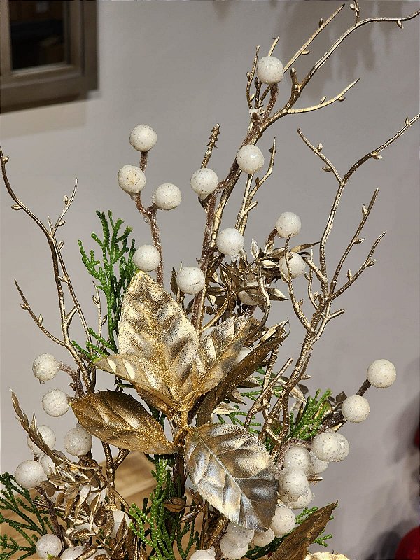 GALHO DECORATIVO BERRY BRANCO COM GALHOS DOURADO