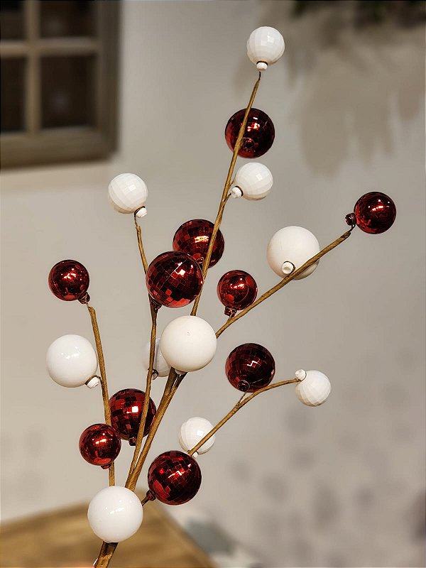 GALHO DECORATIVO BOLAS VERMELHO E BRANCO 77CM