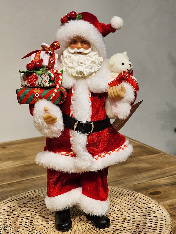 PAPAI NOEL COM PRESENTES E URSO - COLECIONÁVEL - 28CM