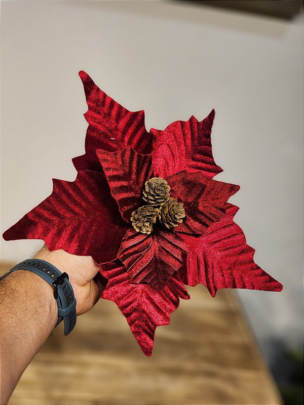 FLOR POINSÉTIA VERMELHO COM PINHA  50CM
