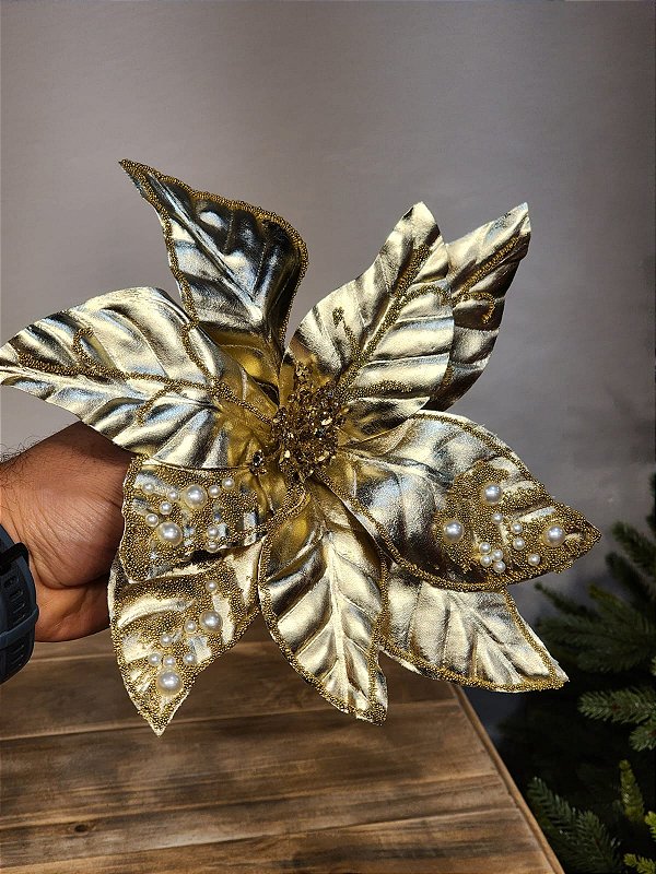 FLOR POINSÉTIA DOURADO COM PEROLAS 27CM