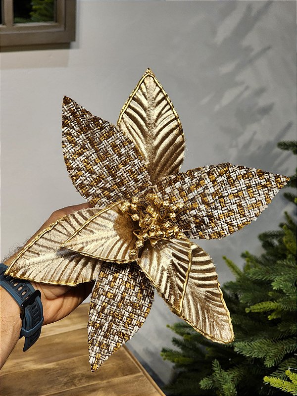 FLOR POINSÉTIA MARROM COM DOURADO E PRATA 45CM