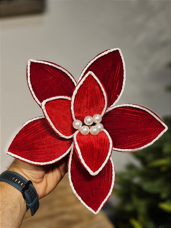 FLOR POINSÉTIA VERMELHO E BRANCO COM PEROLA 40CM