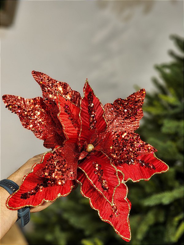 FLOR POINSÉTIA VERMELHO E DOURADO LUXURY 40CM
