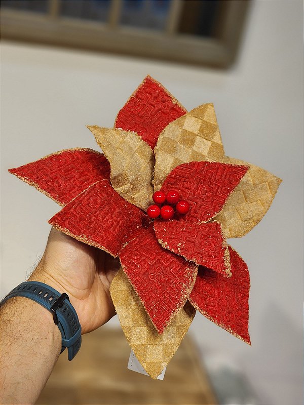 FLOR POINSÉTIA VERMELHO E BEGE 30CM