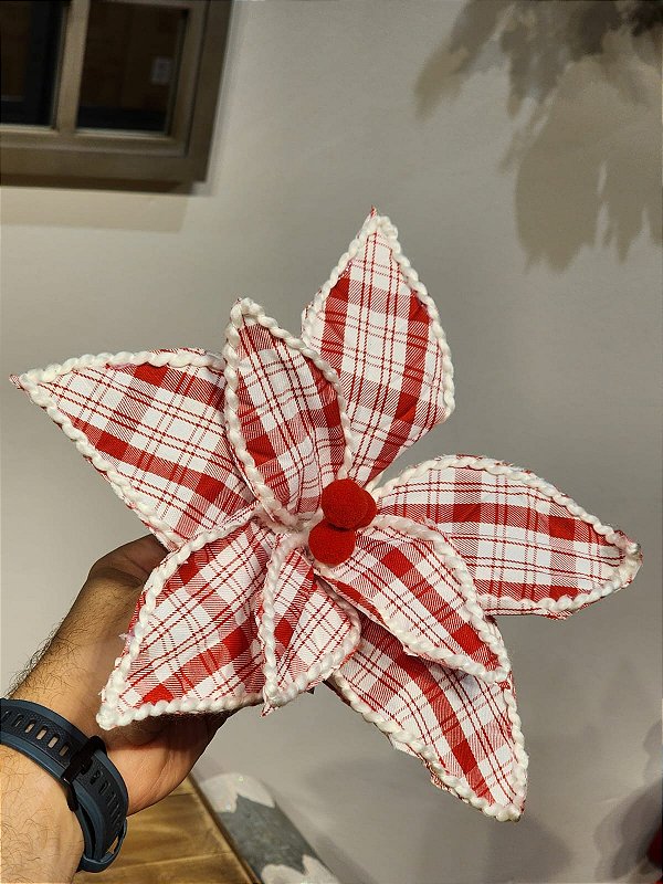 FLOR POINSÉTIA XADREZ VERMELHO E BRANCO 35CM