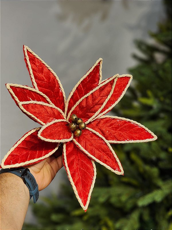 FLOR POINSÉTIA VERMELHO COM BORDA NATURAL 34CM