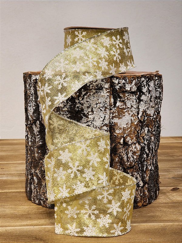 FITA ARAMADA DOURADO COM FLOCO DE NEVE BRANCO