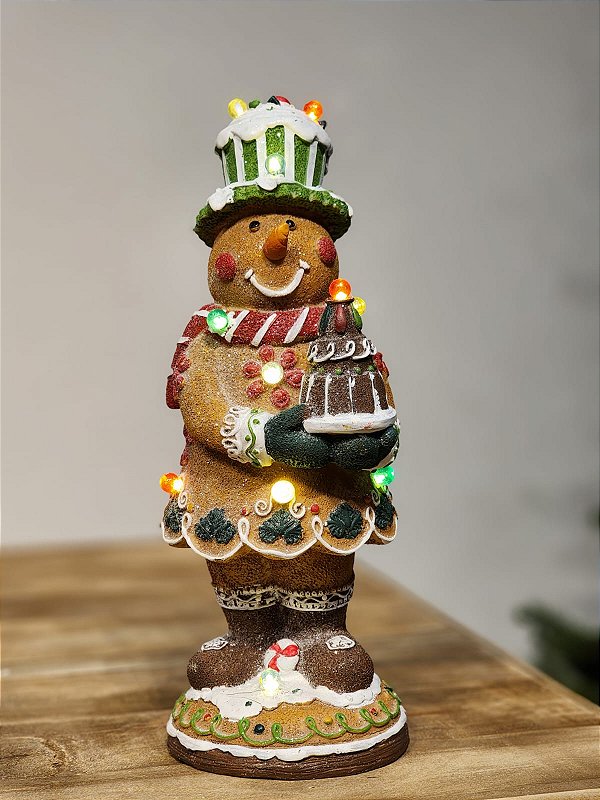 BONECO DE NEVE EM RESINA COOKIE GINGERBREAD COM LED 33CM