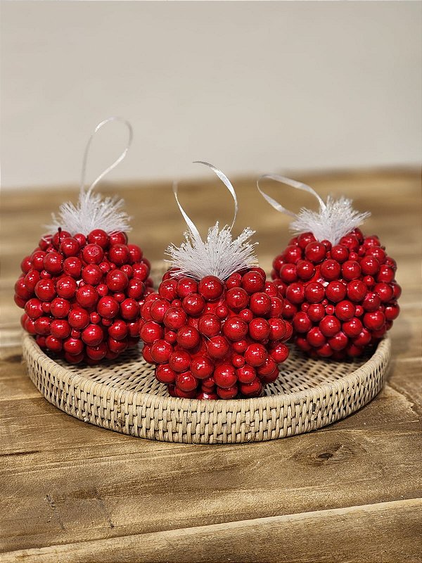 BOLA DECORADA BERRY VERMELHO 10CM COM 3 UNIDS