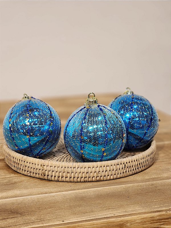 BOLA DECORADA AZUL TURQUEZA 10CM COM 3 UNIDS