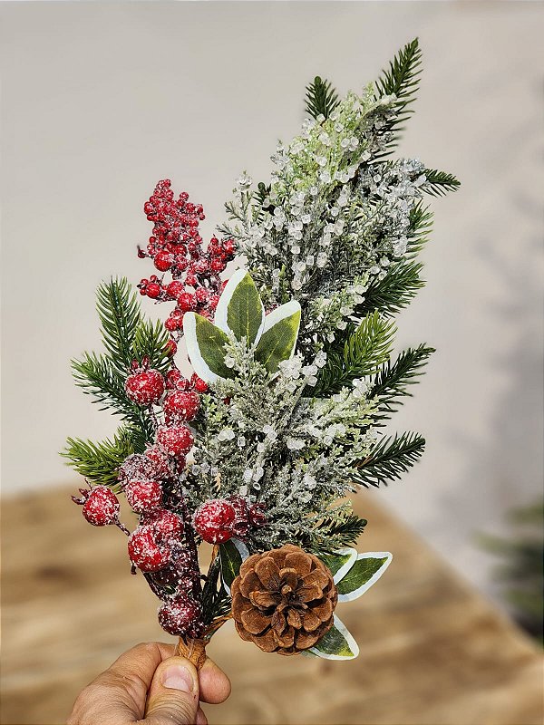 GALHO DECORATIVO BERRY COM PINHA E GALHOS COM GOTAS DE GELO 50CM