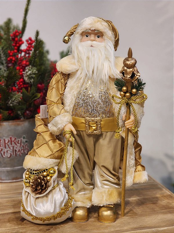 PAPAI NOEL EM PÉ DOURADO COM CHAMPANHE COM PRESENTES E CAJADO 45CM