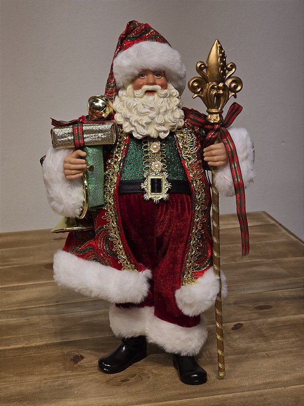 PAPAI NOEL VERMELHO E VERDE E DOURADO COLECIONÁVEL 39CM