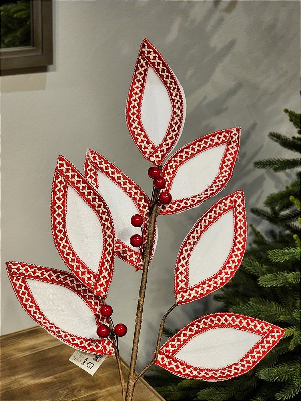 GALHO FOLHA VERMELHO E BRANCO BORDADO 64CM