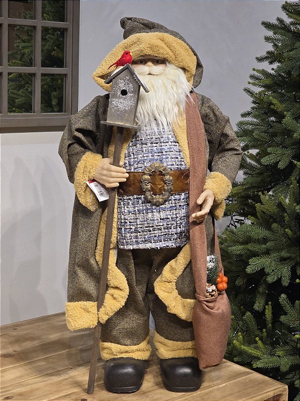 PAPAI NOEL EM PÉ AZUL COM VERDE E BEGE 80CM