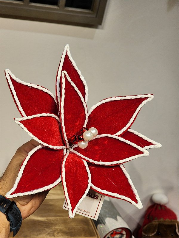 FLOR BICO DE PAPAGAIO AVELUDADO VERMELHO E BRANCO COM PEROLAS E GUIZO 30CM