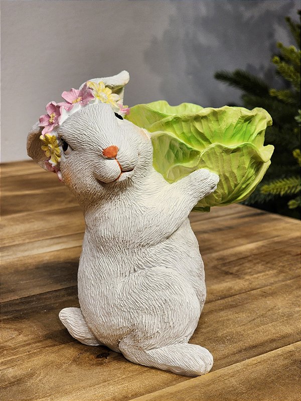 COELHO BRANCO EM PÉ COM REPOLHO VERDE 17,5CM
