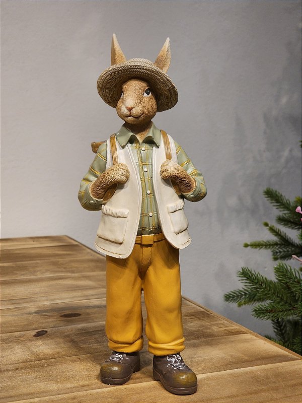 COELHO EM PÉ COM CESTO OLD FARM BEGE E VERDE 31CM