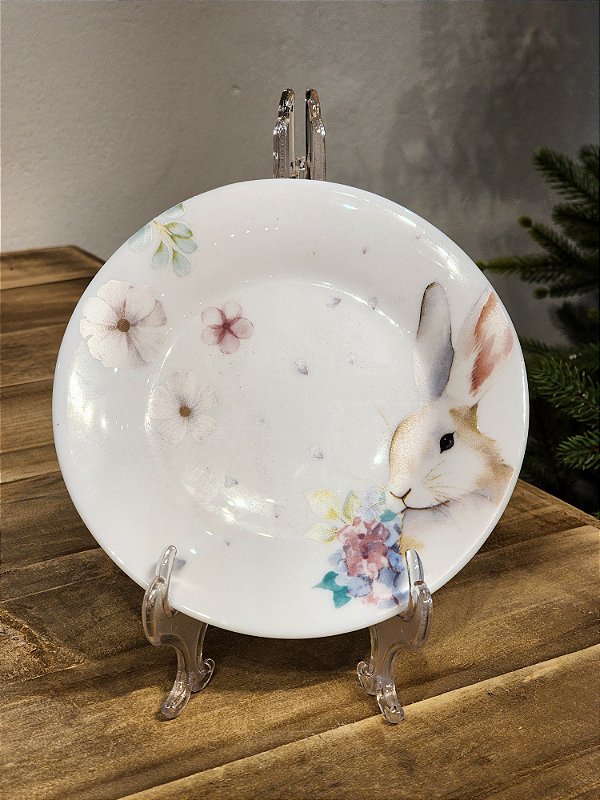 PRATO VIDRO OPALINO SOBREMESA COELHA ROMANTICA 17,7CM