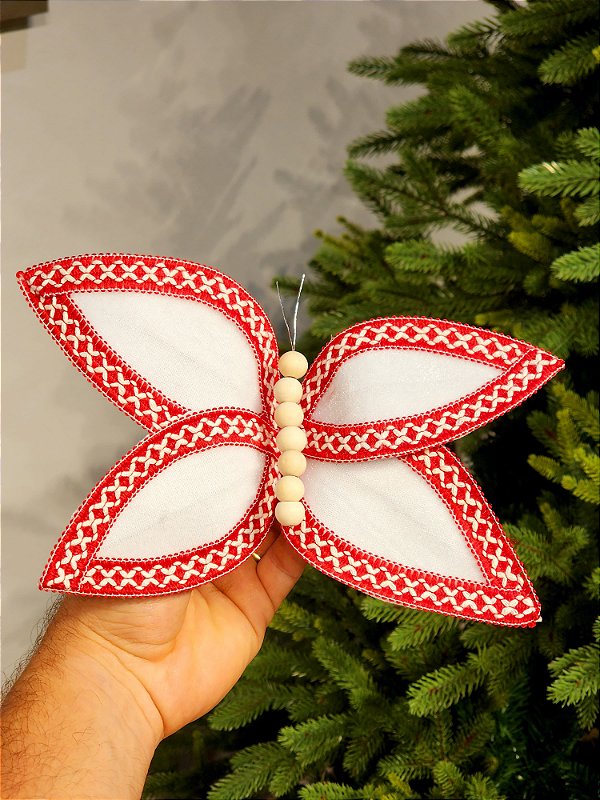 BORBOLETA AVELUDADO VERMELHO E BRANCO 25CM