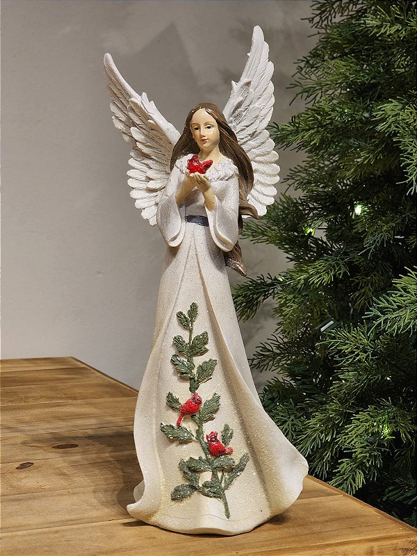 ANJO BRANCO COM CARDEAL EM RESINA 35CM