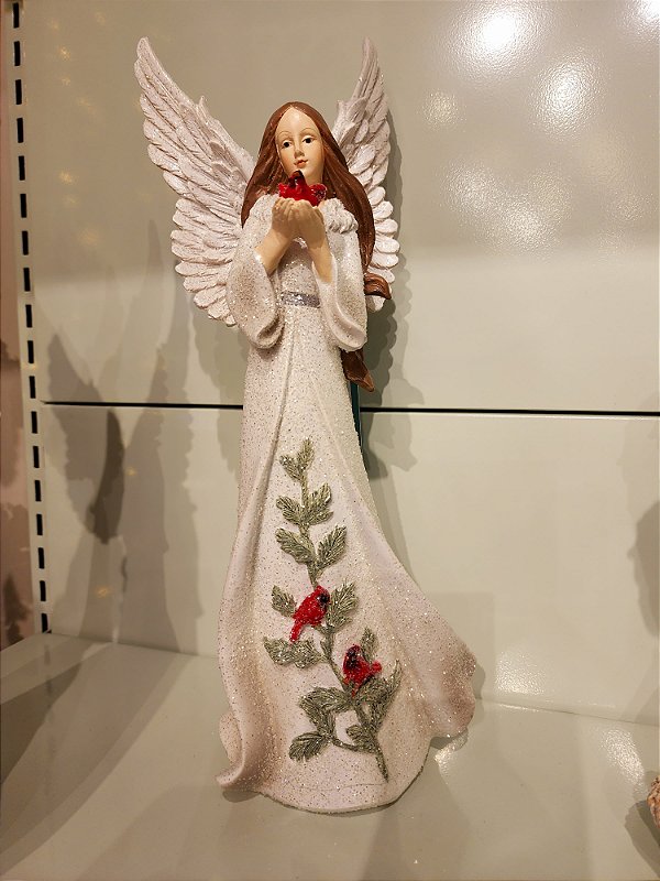 ANJO BRANCO COM CARDEAL EM RESINA 35CM - PRÉ VENDA 2025
