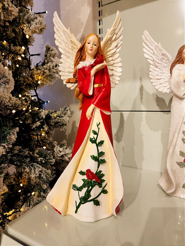 ANJO VERMELHO COM CARDEAL EM RESINA 35CM - PRÉ VENDA 2025