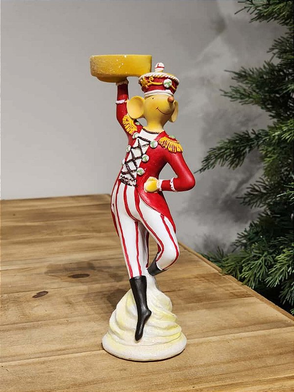 RATINHO DANÇARINO EM RESINA BRANCO E VERMELHO 25CM