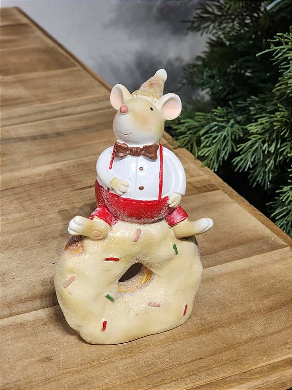 RATINHO DOÇEIRO EM RESINA BRANCO E VERMELHO 14CM