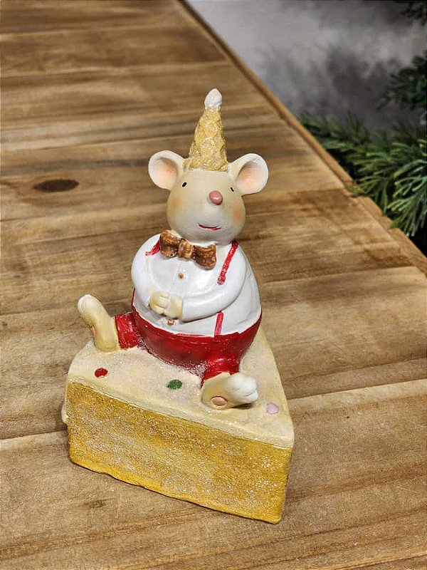 RATINHO DOÇEIRO EM RESINA BRANCO E VERMELHO 13CM