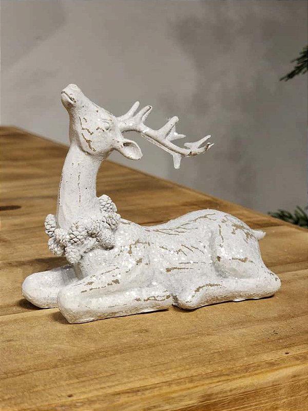 RENA DEITADA BRANCA COM COLAR DE PINHAS 13CM