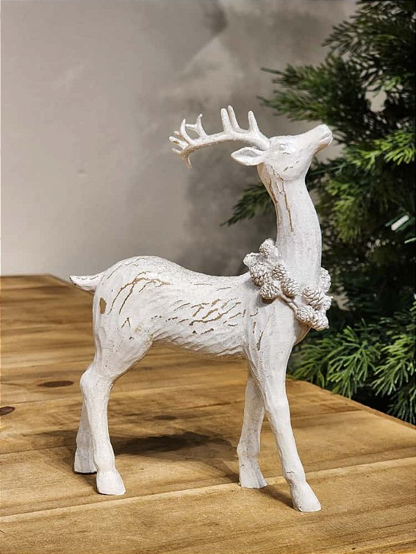 RENA EM PÉ BRANCA COM COLAR DE PINHAS 19CM